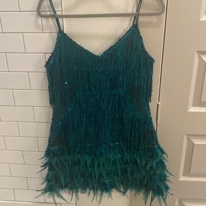 Sequin & Feather Dress- Green